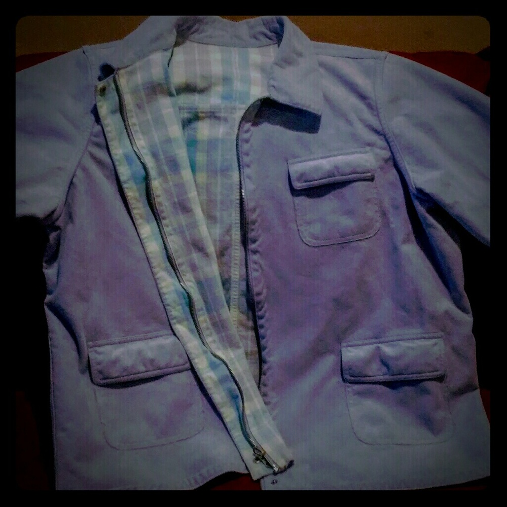 Lilac and plaid reversible lightweight coat.